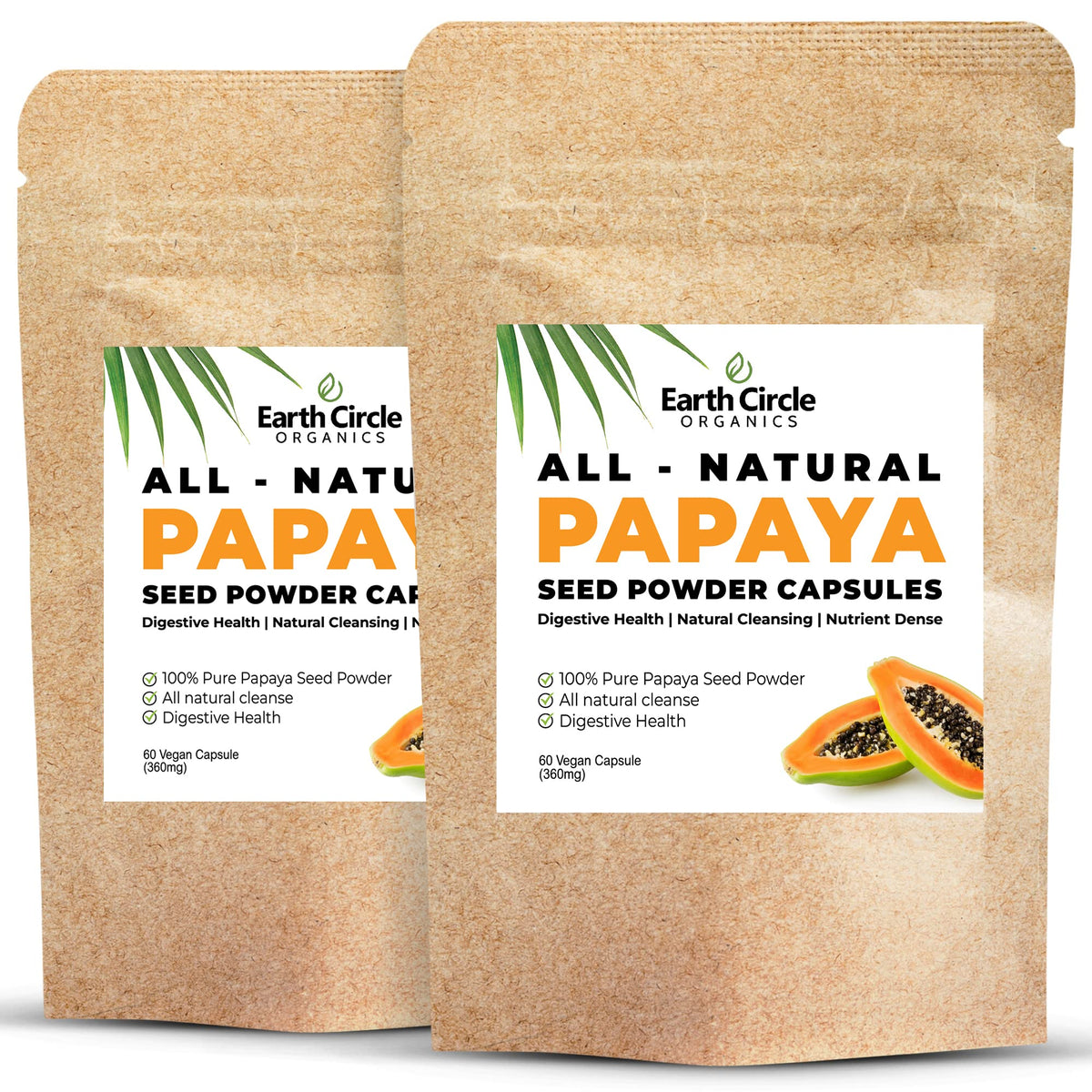 Earth Circle Organics Papaya Seed Powder Capsules front bottle for easy daily digestion support.