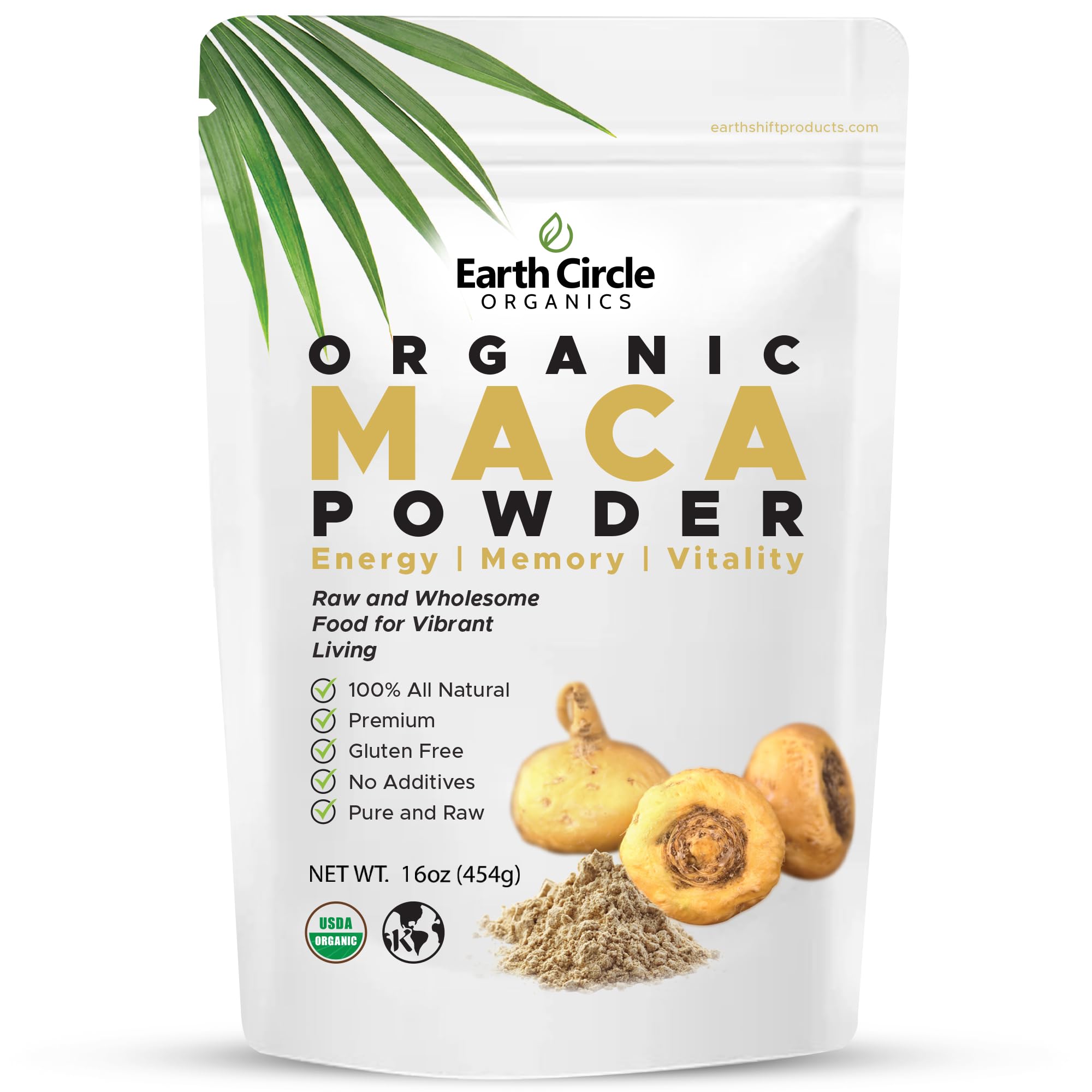 Earth Circle Organics Yellow Maca Powder bottle for natural energy support.