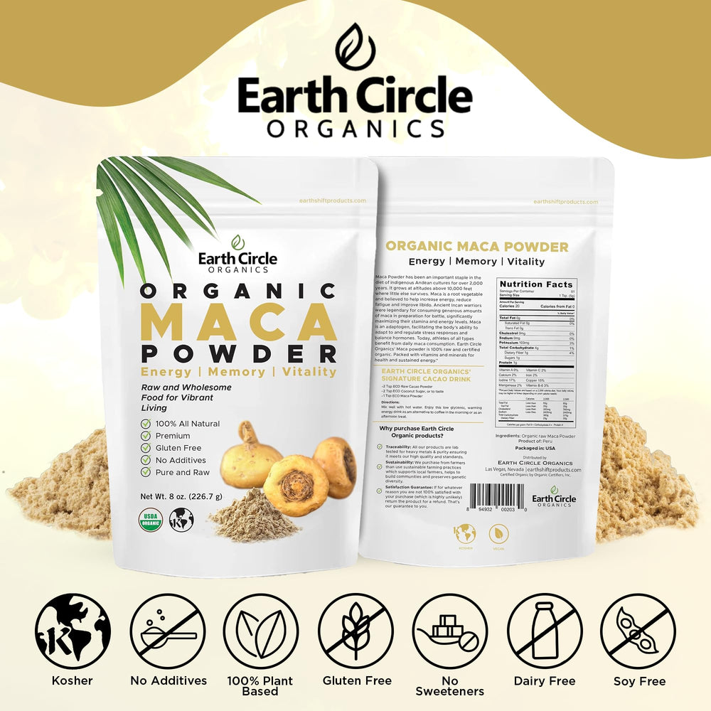 Earth Circle Organics Yellow Maca powder in a coffee cup for a warm boost.