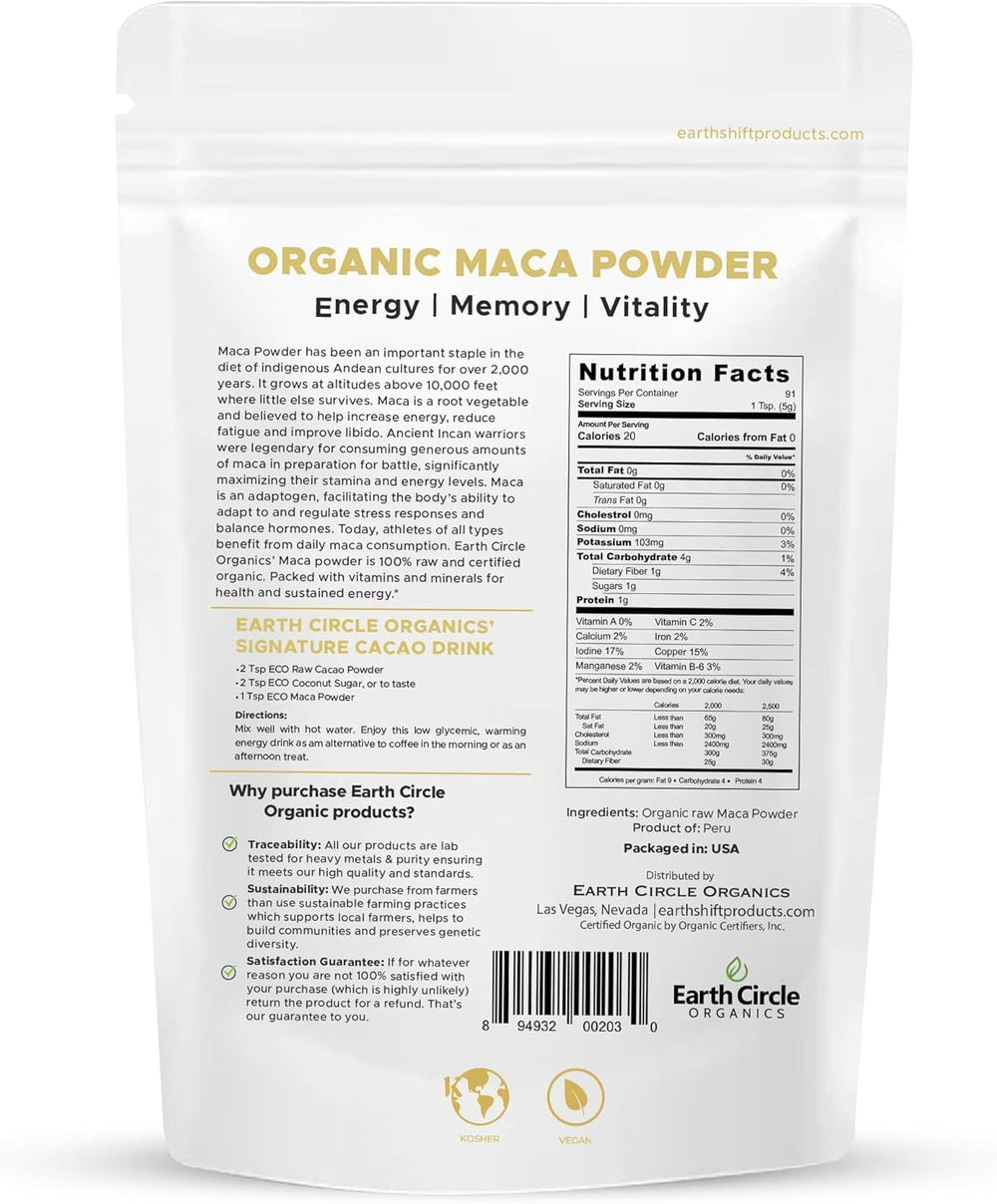 Earth Circle Organics Yellow Maca powder packaging close-up showing origin.