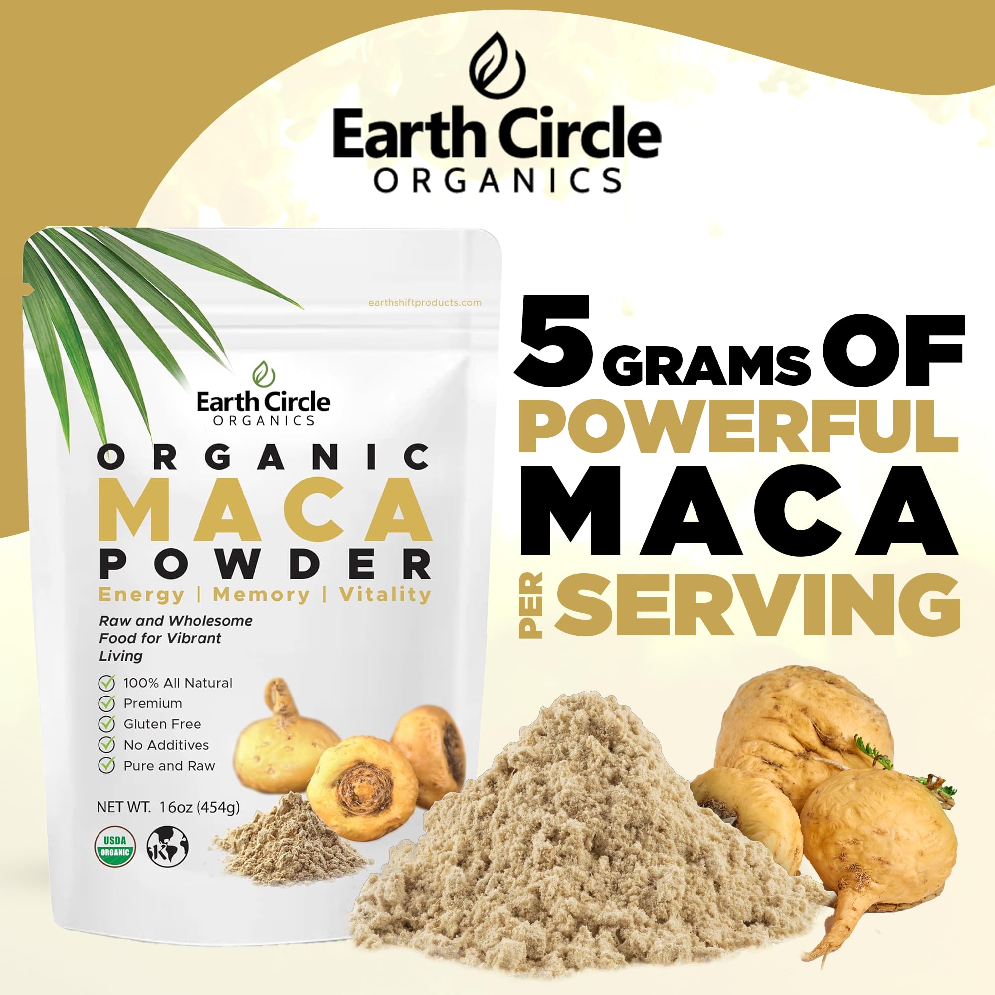 Earth Circle Organics Yellow Maca Powder packaging highlights sustainable Peruvian sourcing.