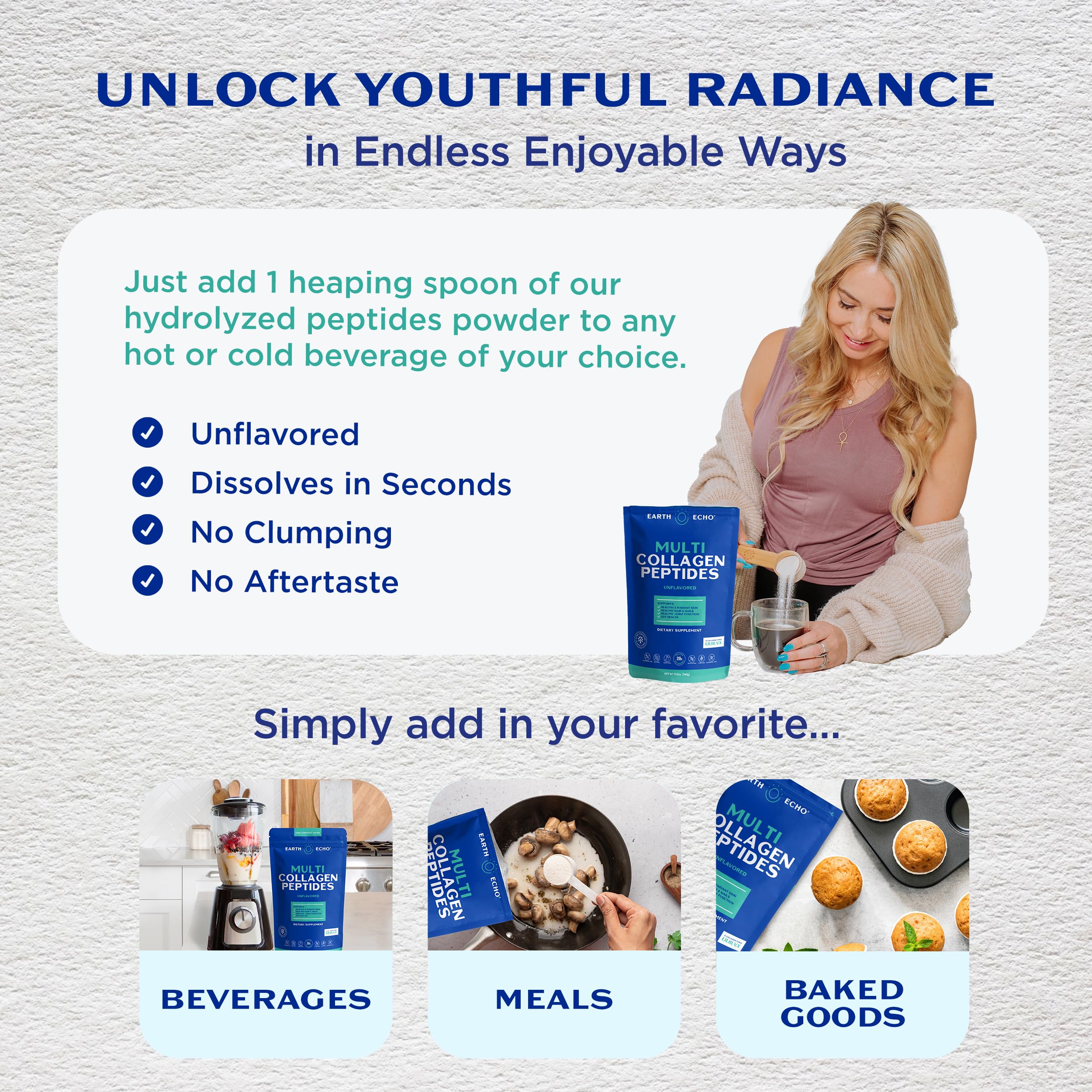 Earth Echo sources include bovine, marine, chicken, and eggshells for a broad protein blend.