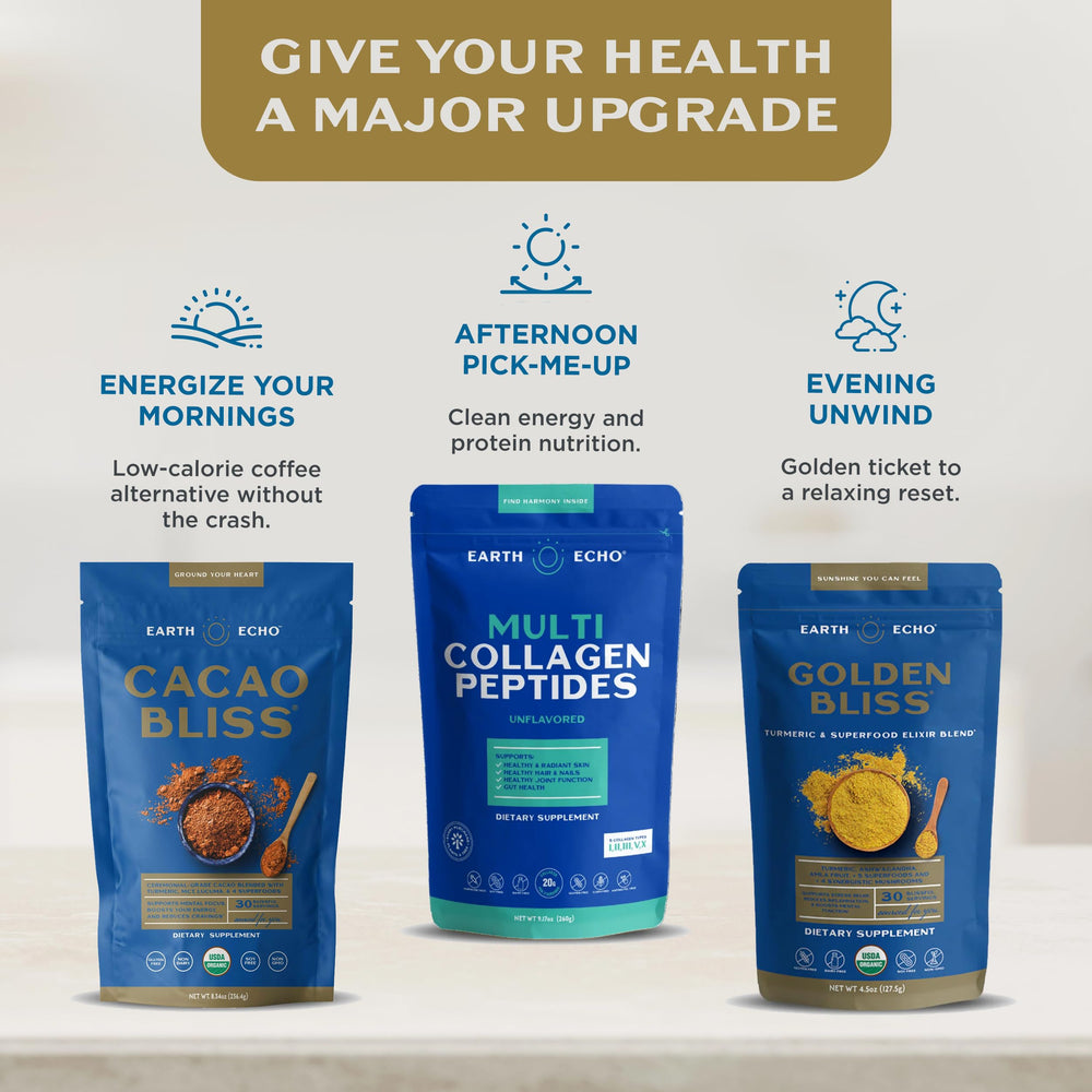 Earth Echo Golden Bliss packaging hero emphasizing organic, vegan quality.