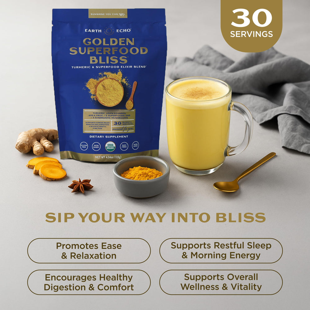 Earth Echo Golden Bliss powder dispense ready to blend into drinks.