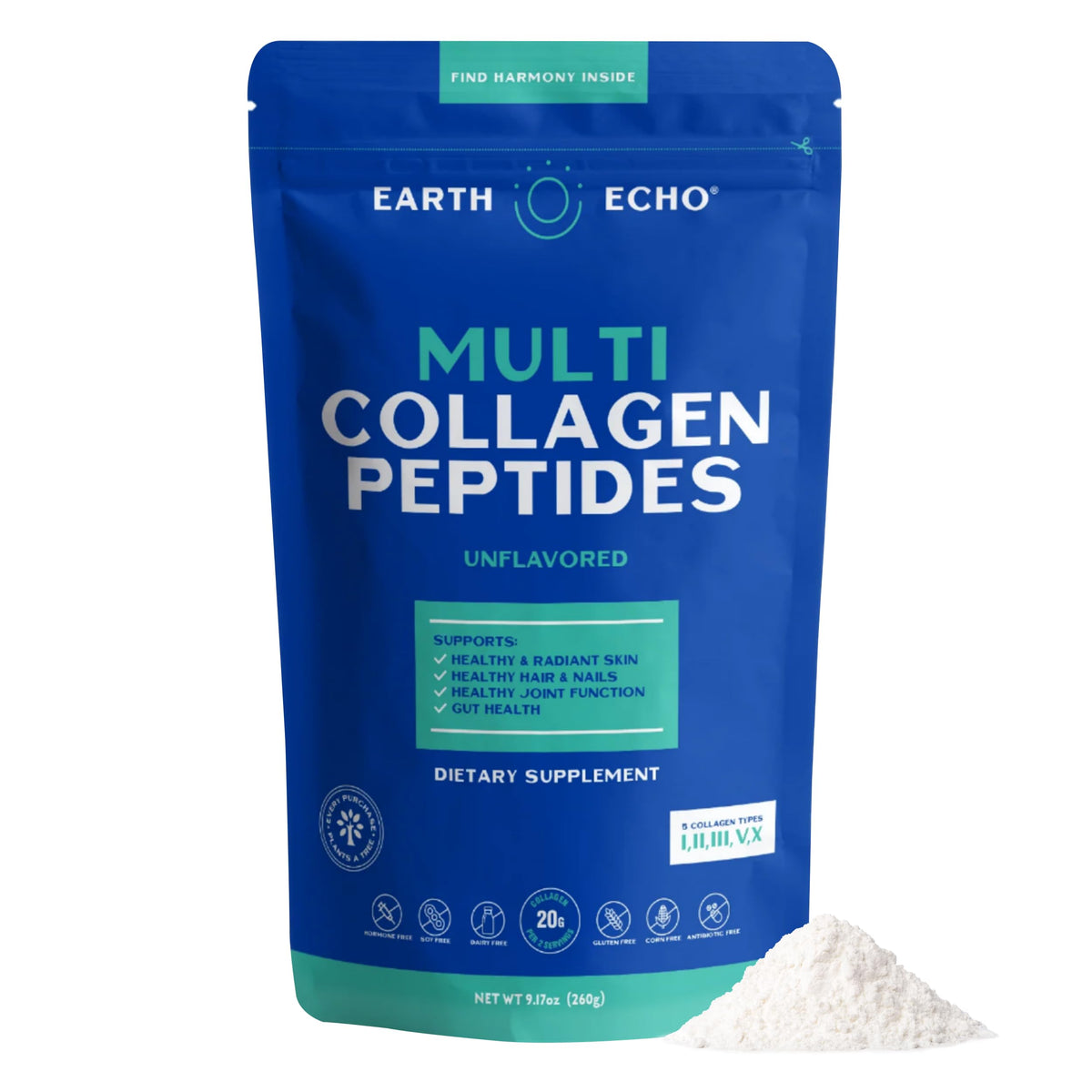 Earth Echo Multi Collagen Powder container on a kitchen counter, ready to mix for daily skin support.