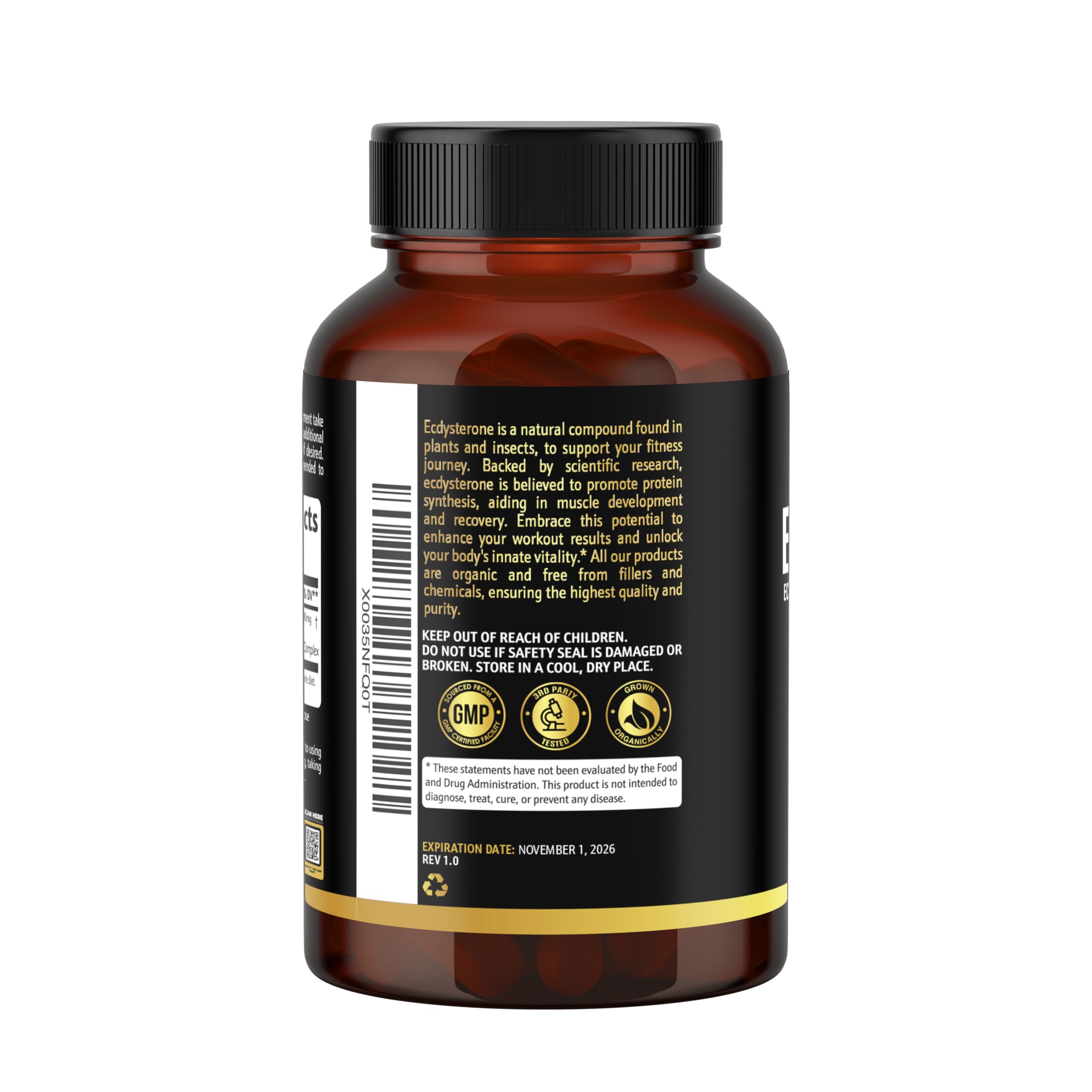 Earth Elixir bottle-back view shows capsule count and usage guidance