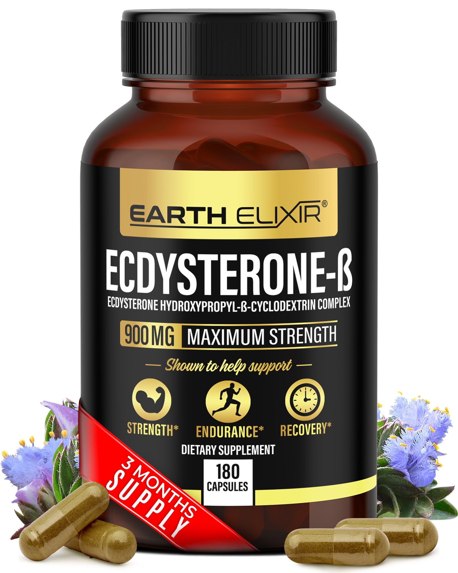 Earth Elixir Ecdysterone bottle front highlights potent 95% beta ecdysterone for strength support