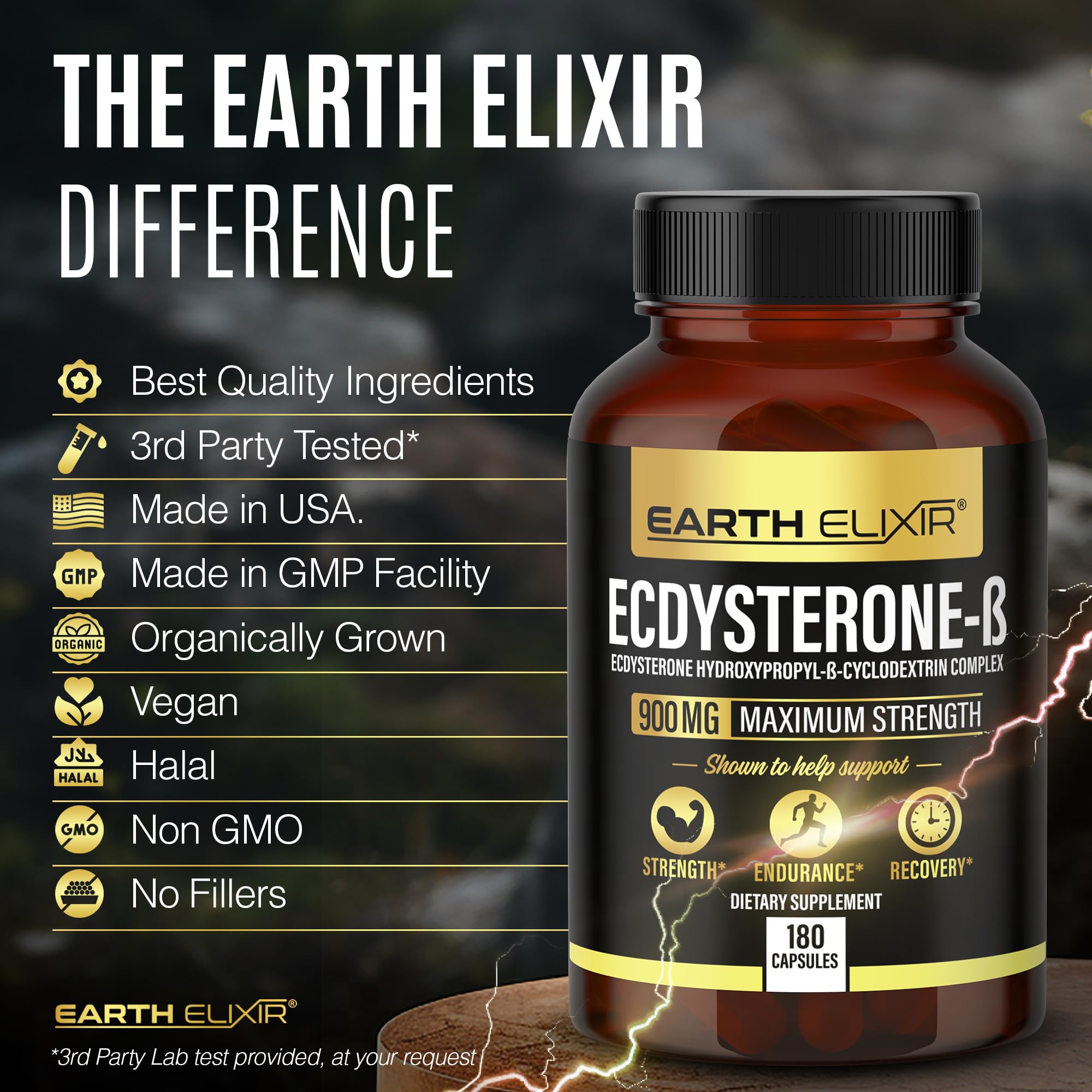 Earth Elixir packaging box notes vegan, non-GMO, and gluten-free formulation