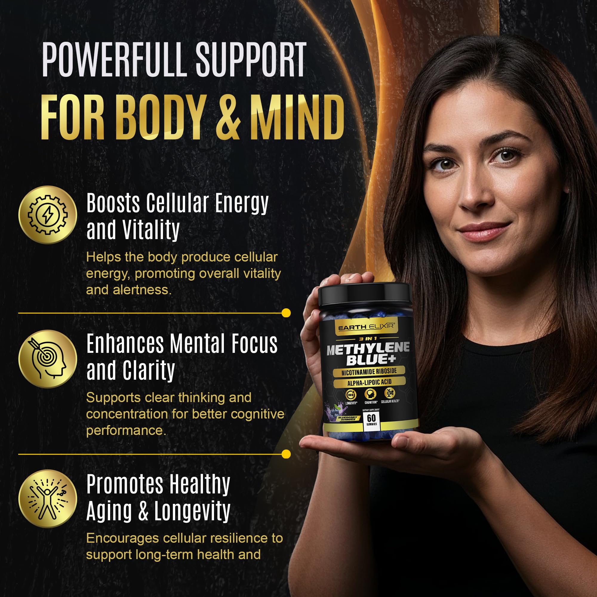 Earth Elixir NAD-support gummy emphasizes energy pathways and cellular resilience.