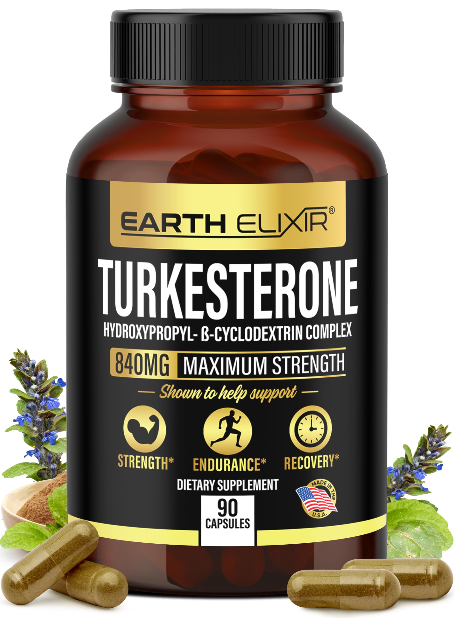 Earth Elixir Turkesterone 840 mg bottle front with dosage label.