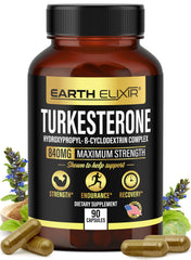 Earth Elixir Turkesterone 840 mg bottle front with dosage label.