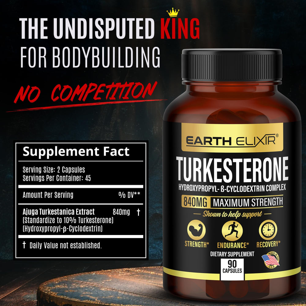 Earth Elixir Turkesterone 840 mg bottle label close-up for dosing.