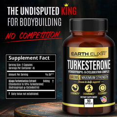 Earth Elixir Turkesterone 840 mg bottle label close-up for dosing.