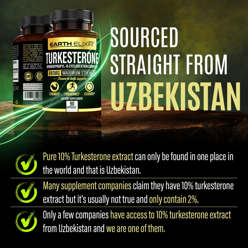 Earth Elixir Turkesterone 840 mg capsules close-up.