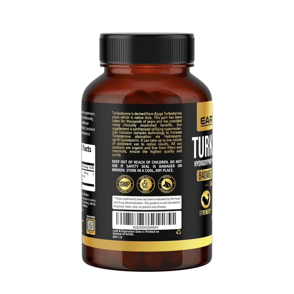 Earth Elixir vegan-friendly Turkesterone capsules on white background.