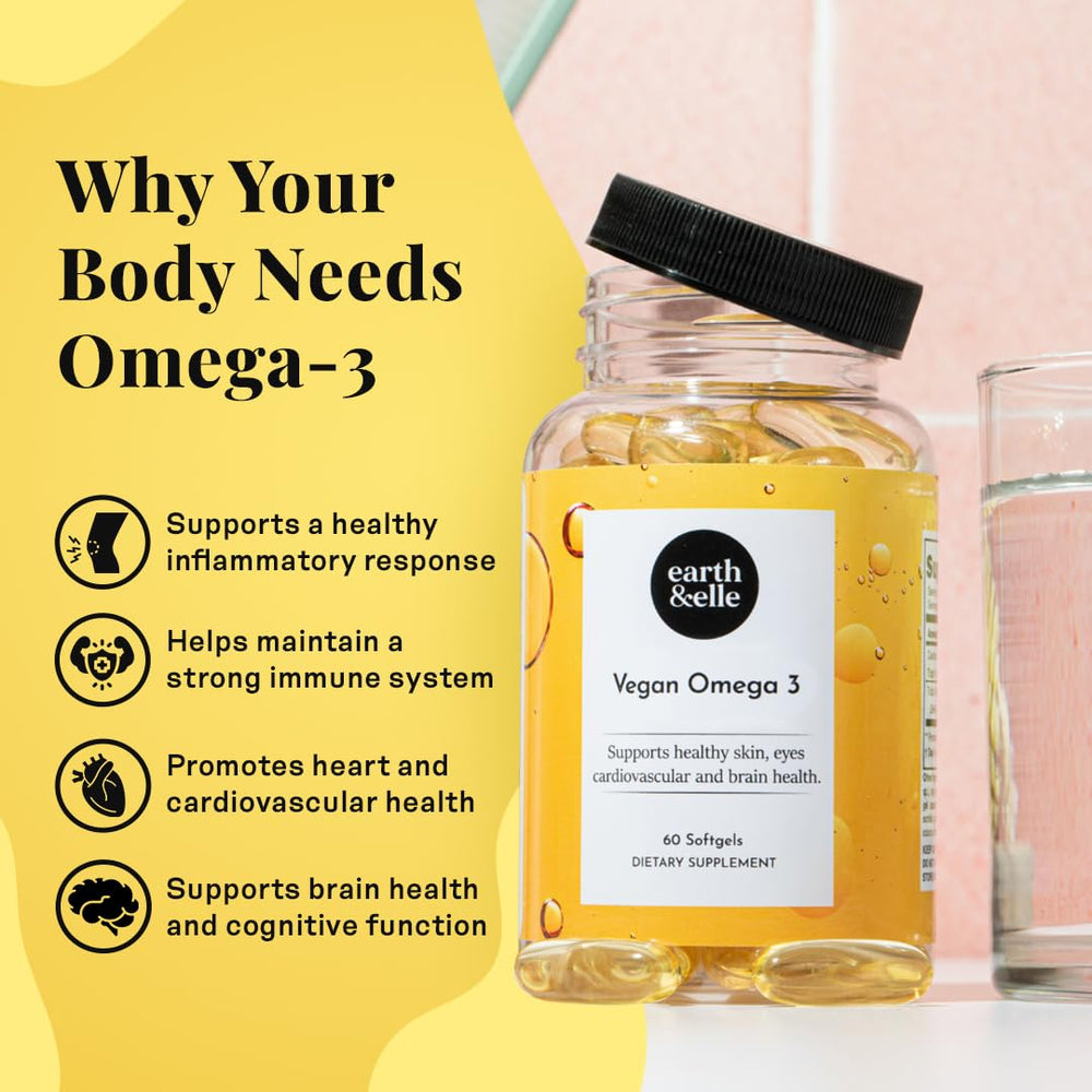 Earth & Elle algae omega 3 front label emphasizes cruelty-free and mercury-free formula.