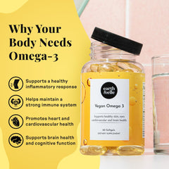 Earth & Elle algae omega 3 front label emphasizes cruelty-free and mercury-free formula.