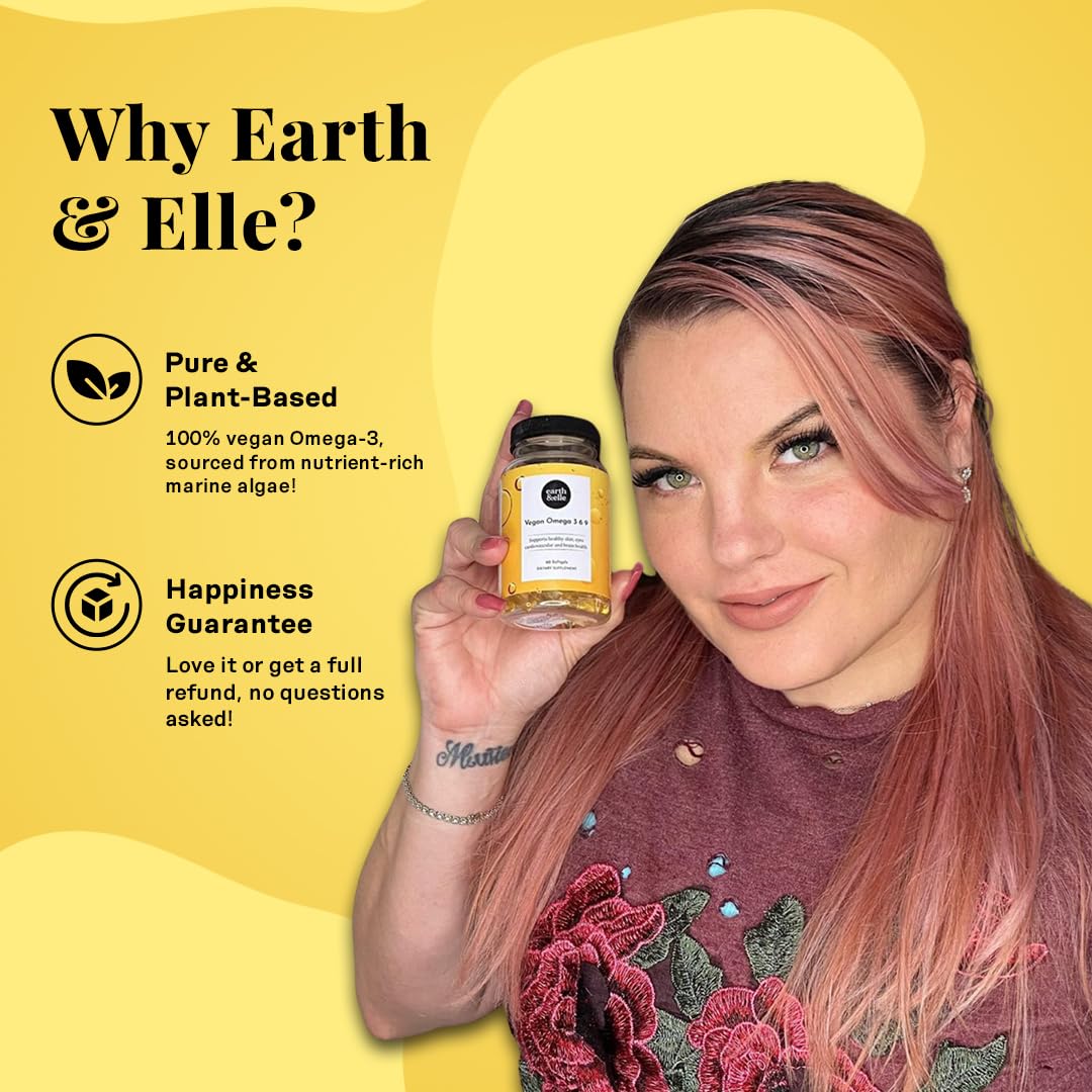 Earth & Elle algae omega 3 no fishy aftertaste softgels bottle.