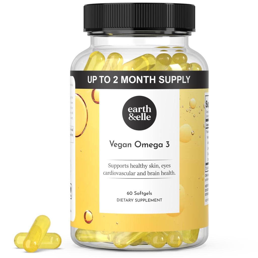 Earth & Elle algae omega 3 softgels bottle shows 1000 mg per serving for heart and brain support.