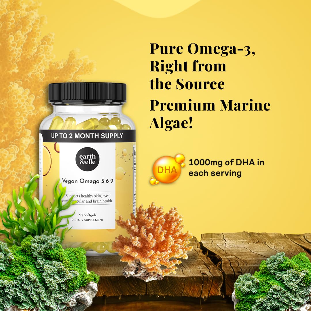 Earth & Elle omega 3 softgels closeup highlighting vegan algae oil as a DHA source.