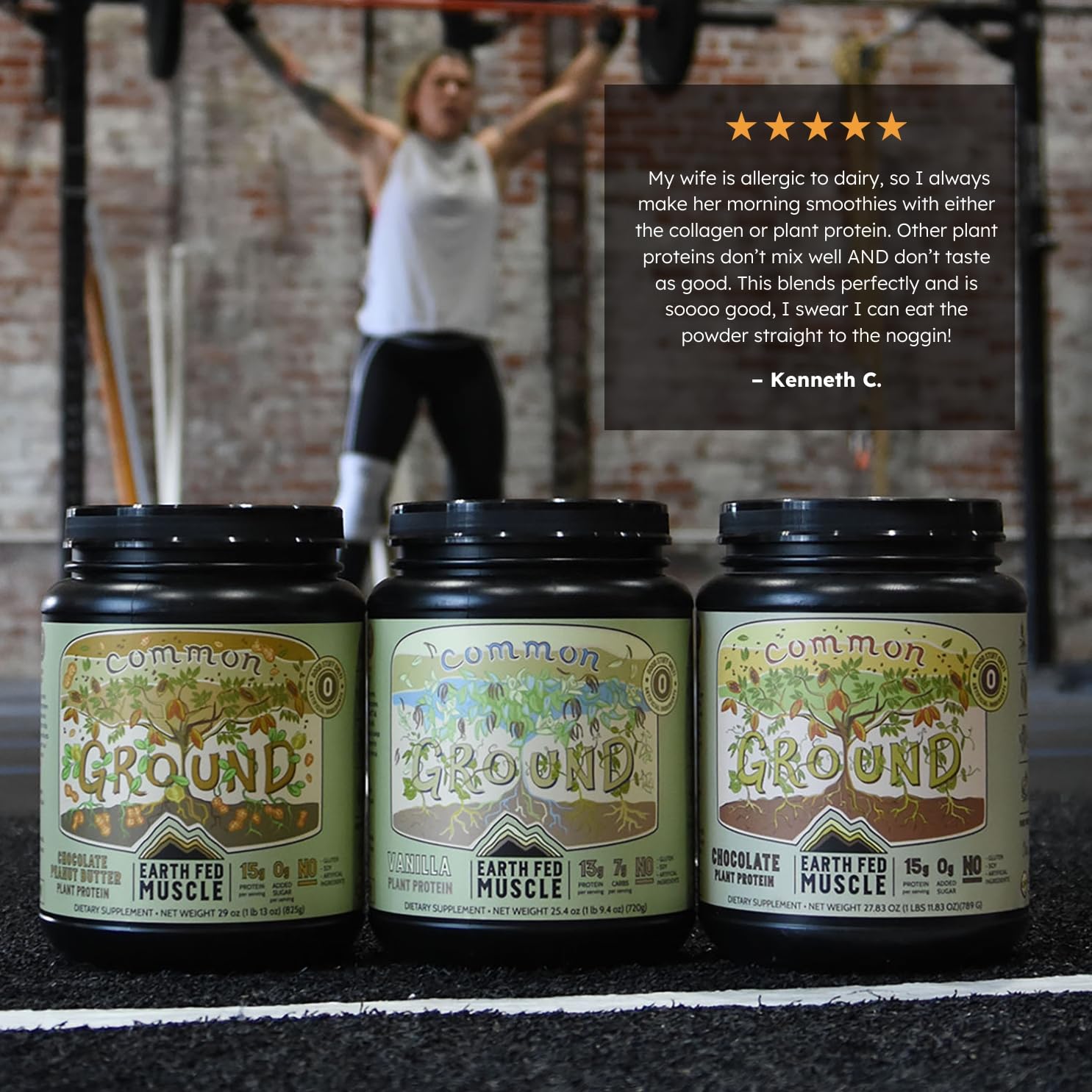 Earth Fed Muscle Common Ground bottle highlights gluten-free and soy-free ingredients