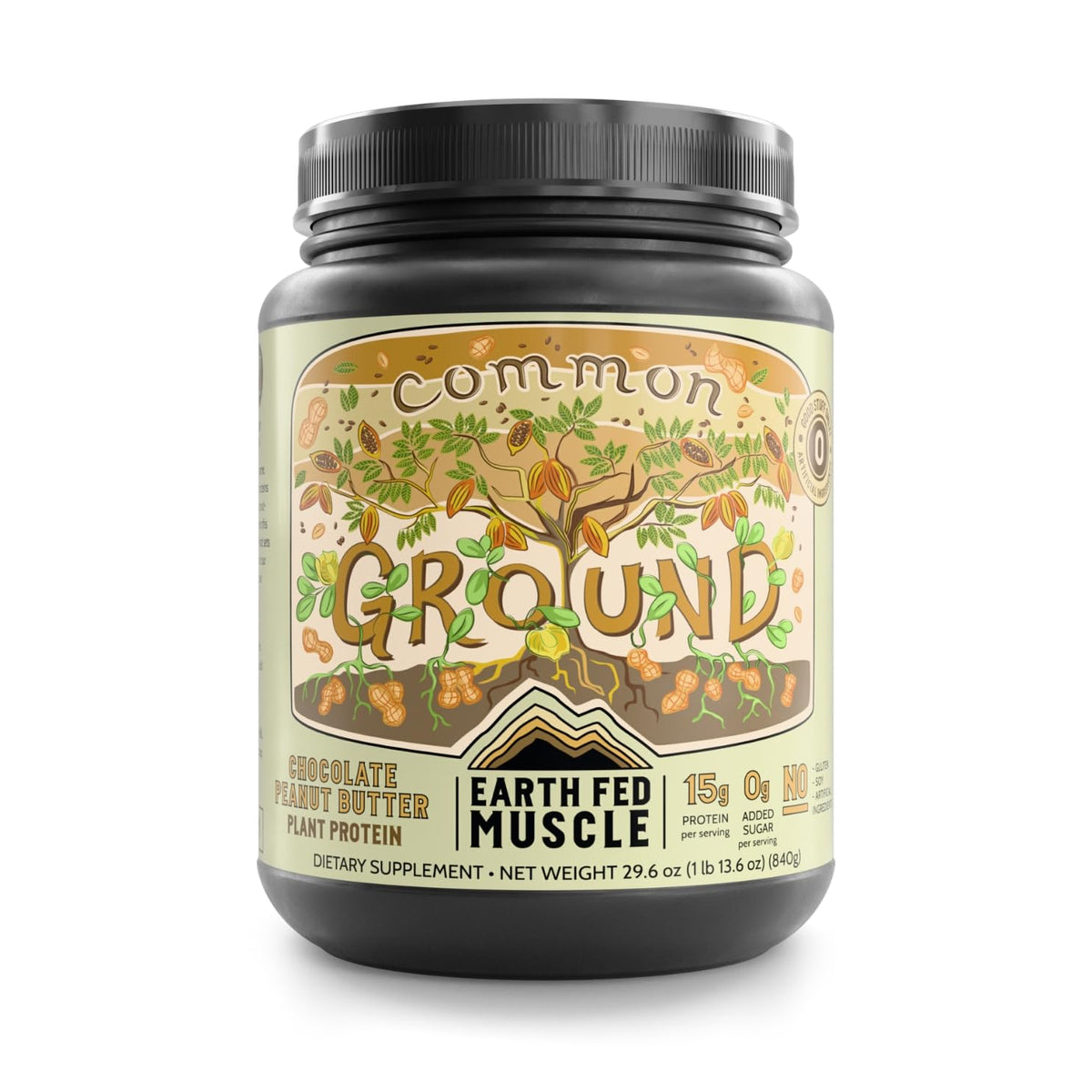 Earth Fed Muscle Common Ground chocolate peanut butter powder pour highlights rich flavor