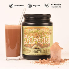 Earth Fed Muscle Common Ground shake prepared with chocolate peanut butter powder for post-workout