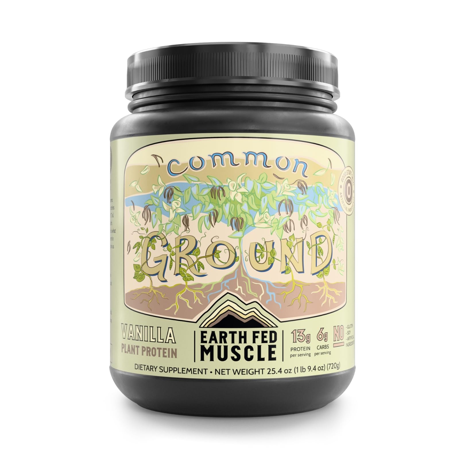 Earth Fed Muscle Common Ground vanilla protein powder bottle shown for daily plant-based protein.