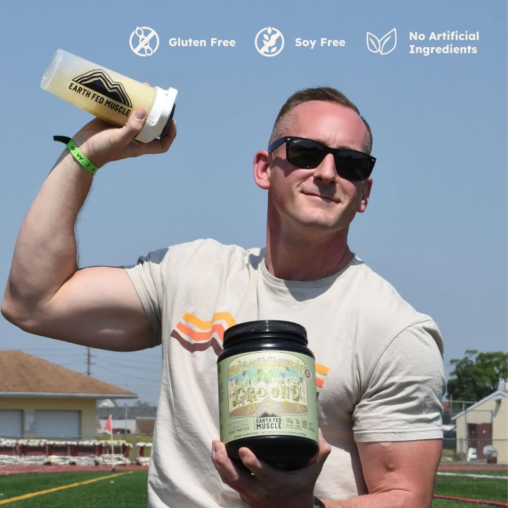 Earth Fed Muscle Common Ground vanilla protein powder glass shake highlights creamy texture.