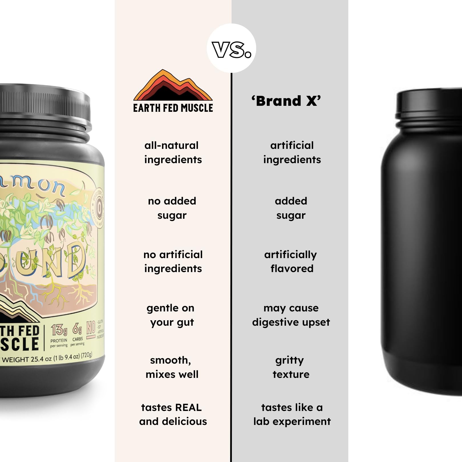 Earth Fed Muscle Common Ground vanilla protein powder ingredient list shows clean plant-based ingredients.