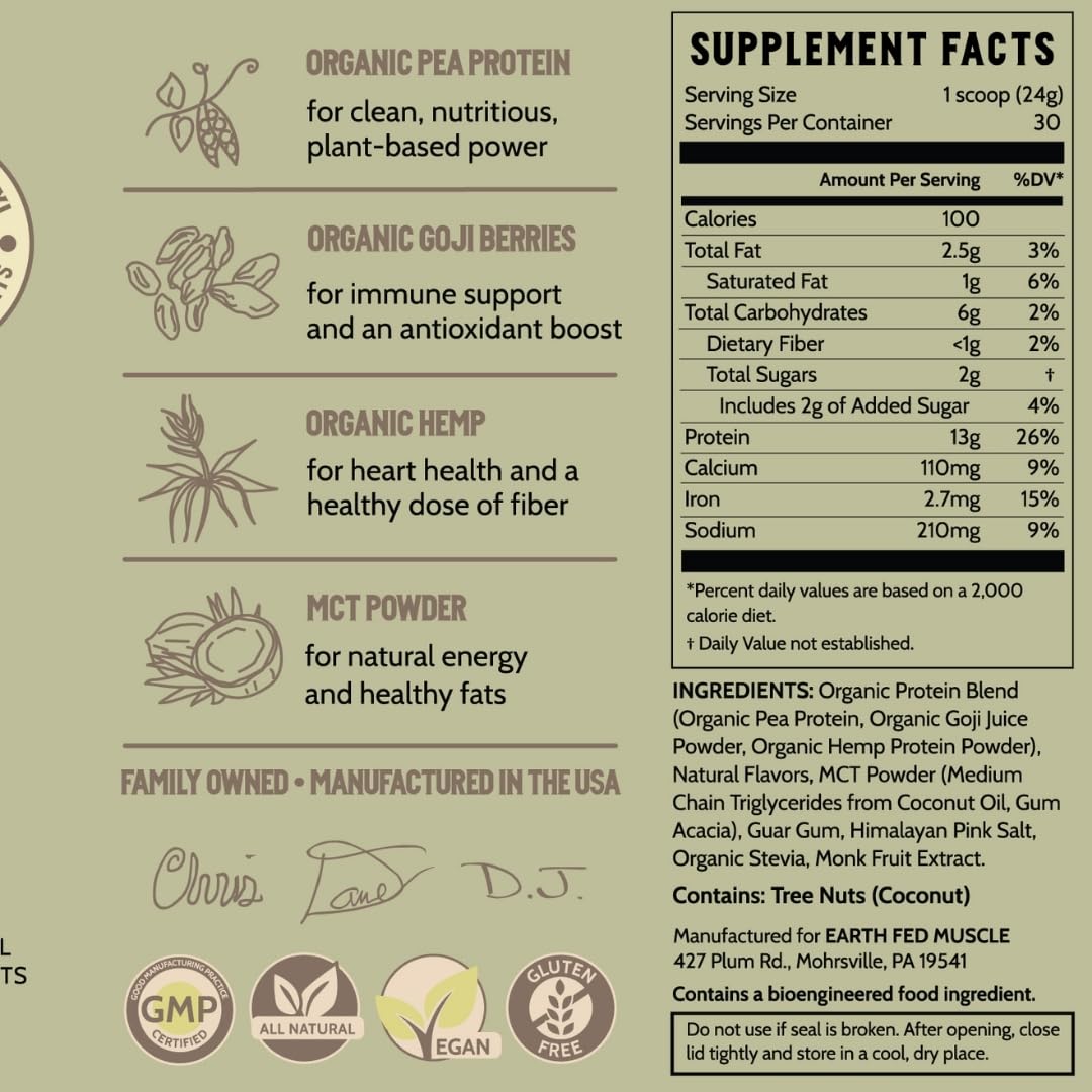 Earth Fed Muscle Common Ground vanilla protein powder label close-up communicates transparency.