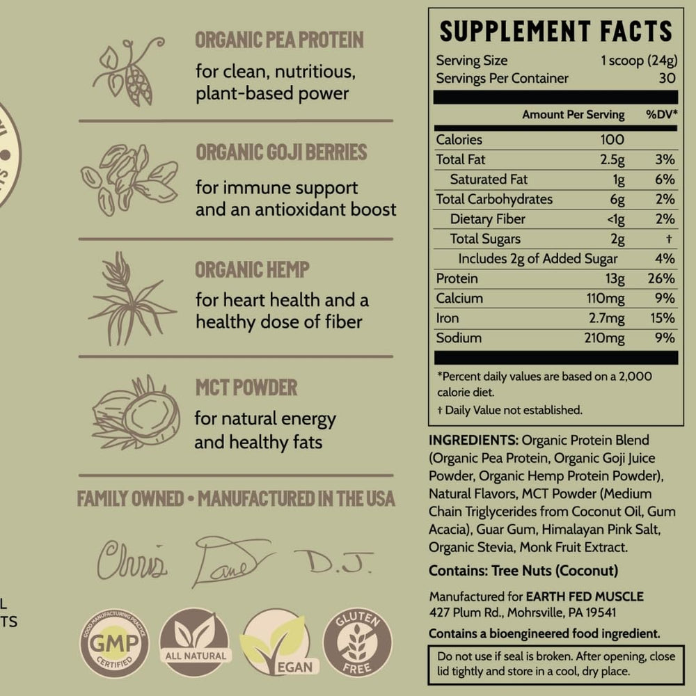 Earth Fed Muscle Common Ground vanilla protein powder label close-up communicates transparency.