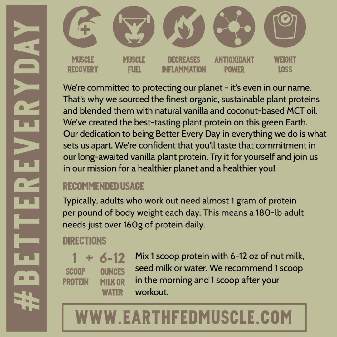 Earth Fed Muscle Common Ground vanilla protein powder MCT oil pour illustrates energy-friendly formula.