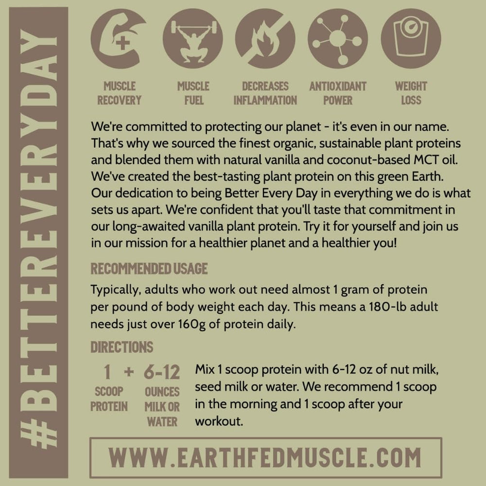 Earth Fed Muscle Common Ground vanilla protein powder MCT oil pour illustrates energy-friendly formula.