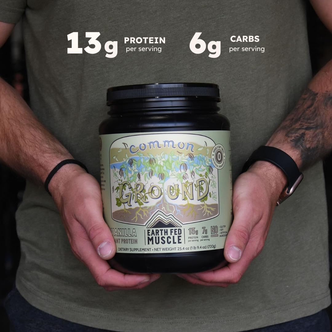 Earth Fed Muscle Common Ground vanilla protein powder scoop for easy post-workout shakes.