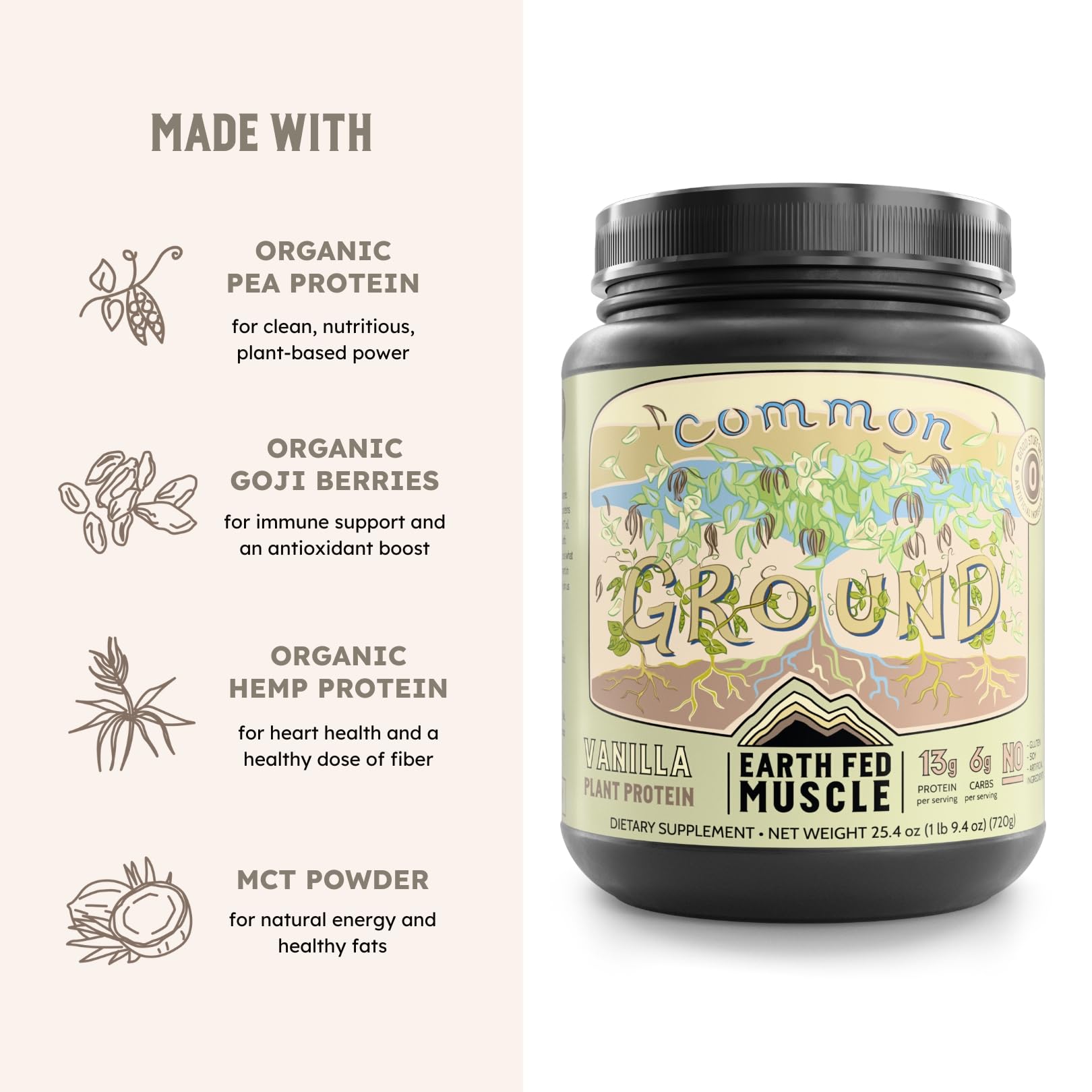 Earth Fed Muscle Common Ground vanilla protein powder with vanilla bean visual emphasizes natural flavor.
