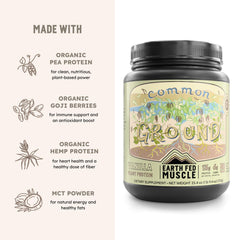Earth Fed Muscle Common Ground vanilla protein powder with vanilla bean visual emphasizes natural flavor.