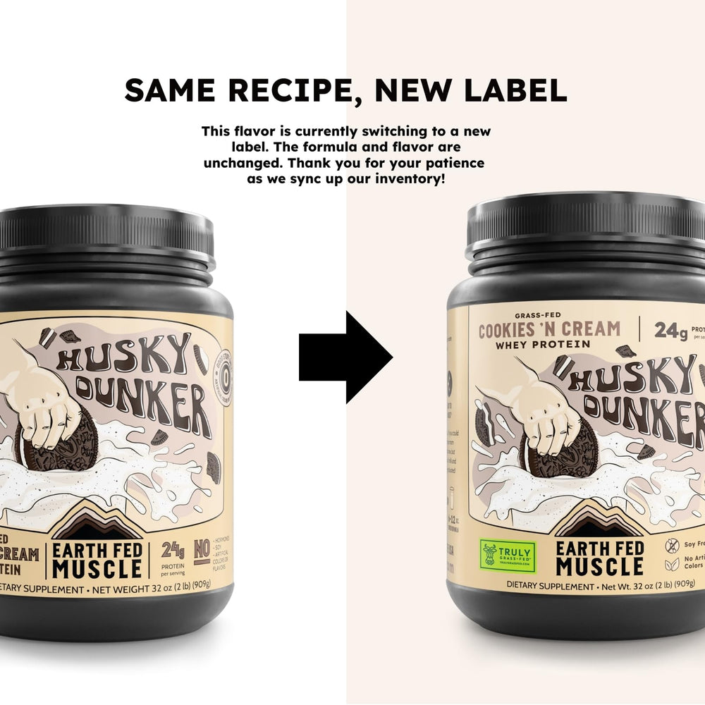 Earth Fed Muscle Husky Dunker cookies n cream jar with real cookie pieces for flavor.