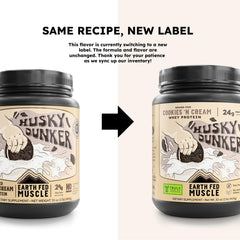Earth Fed Muscle Husky Dunker cookies n cream jar with real cookie pieces for flavor.