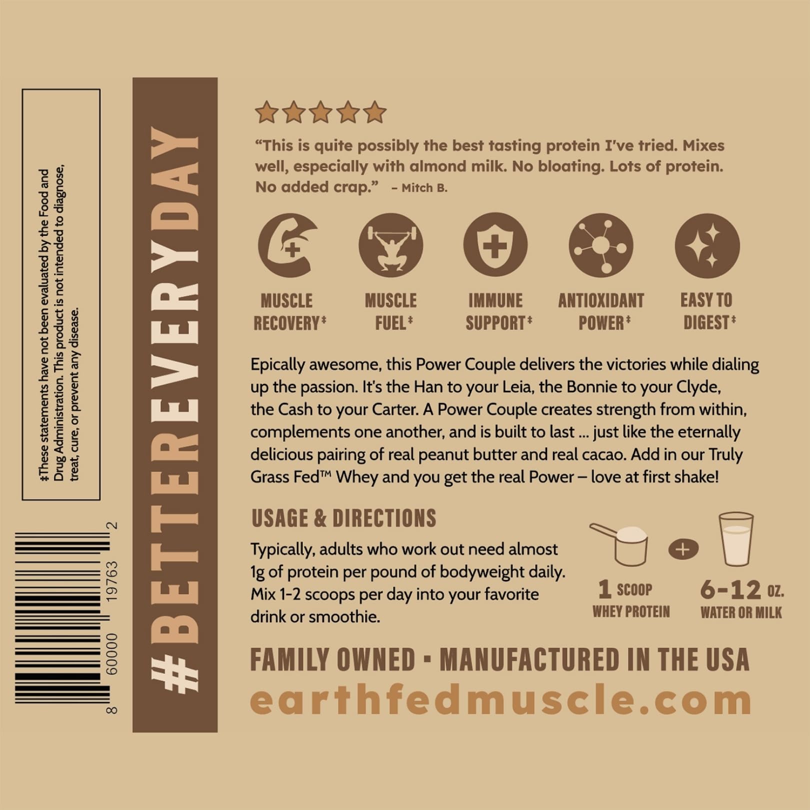 Earth Fed Muscle ingredient list close shot highlights four simple ingredients