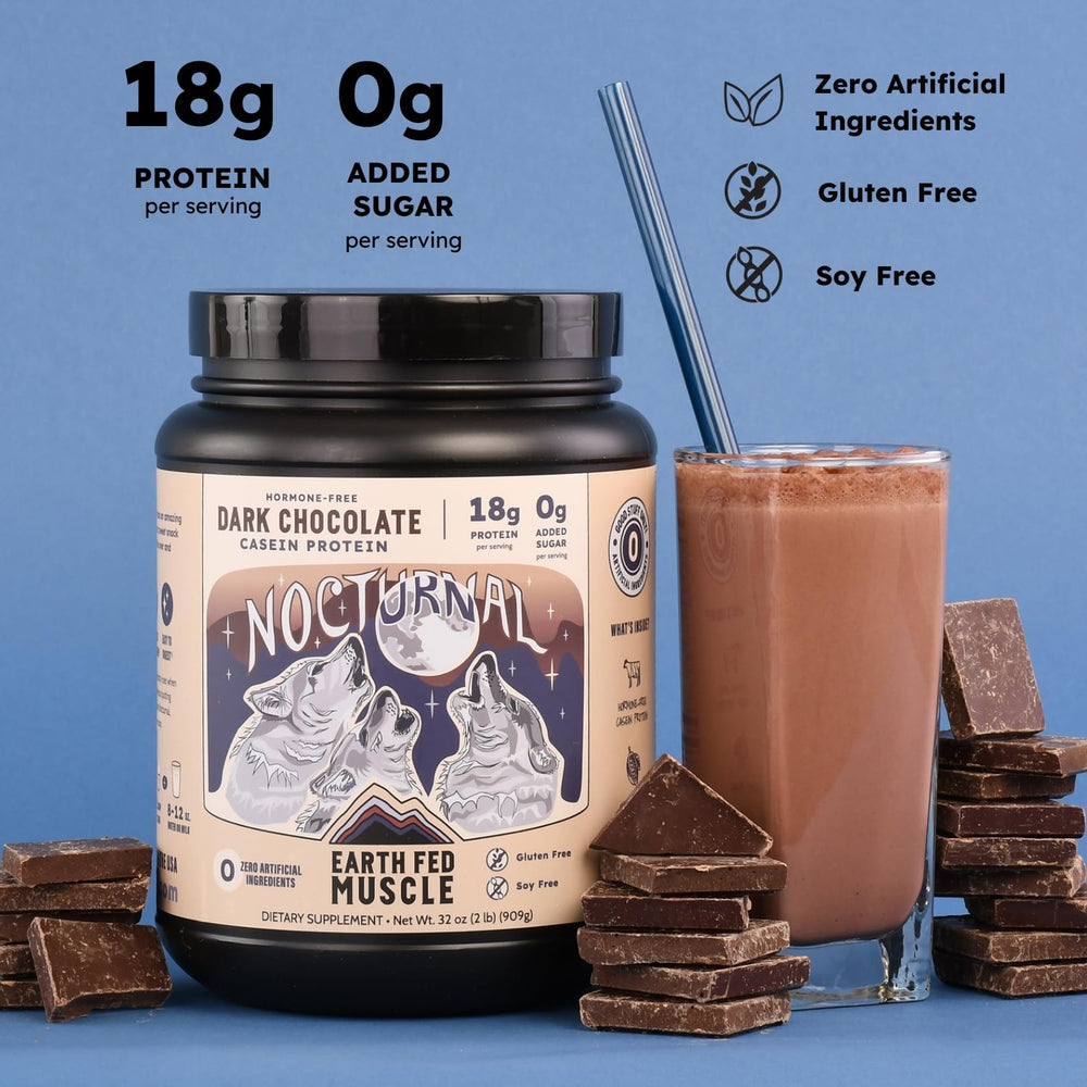 Earth Fed Muscle Nocturnal Casein powder jar highlighting micellar casein and whey blend