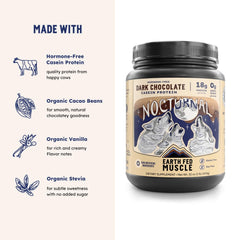 Earth Fed Muscle Nocturnal Casein scoop on chocolate powder surface for night-time shake