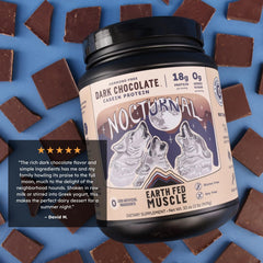Earth Fed Muscle Nocturnal Casein shake glass with smooth dark chocolate texture