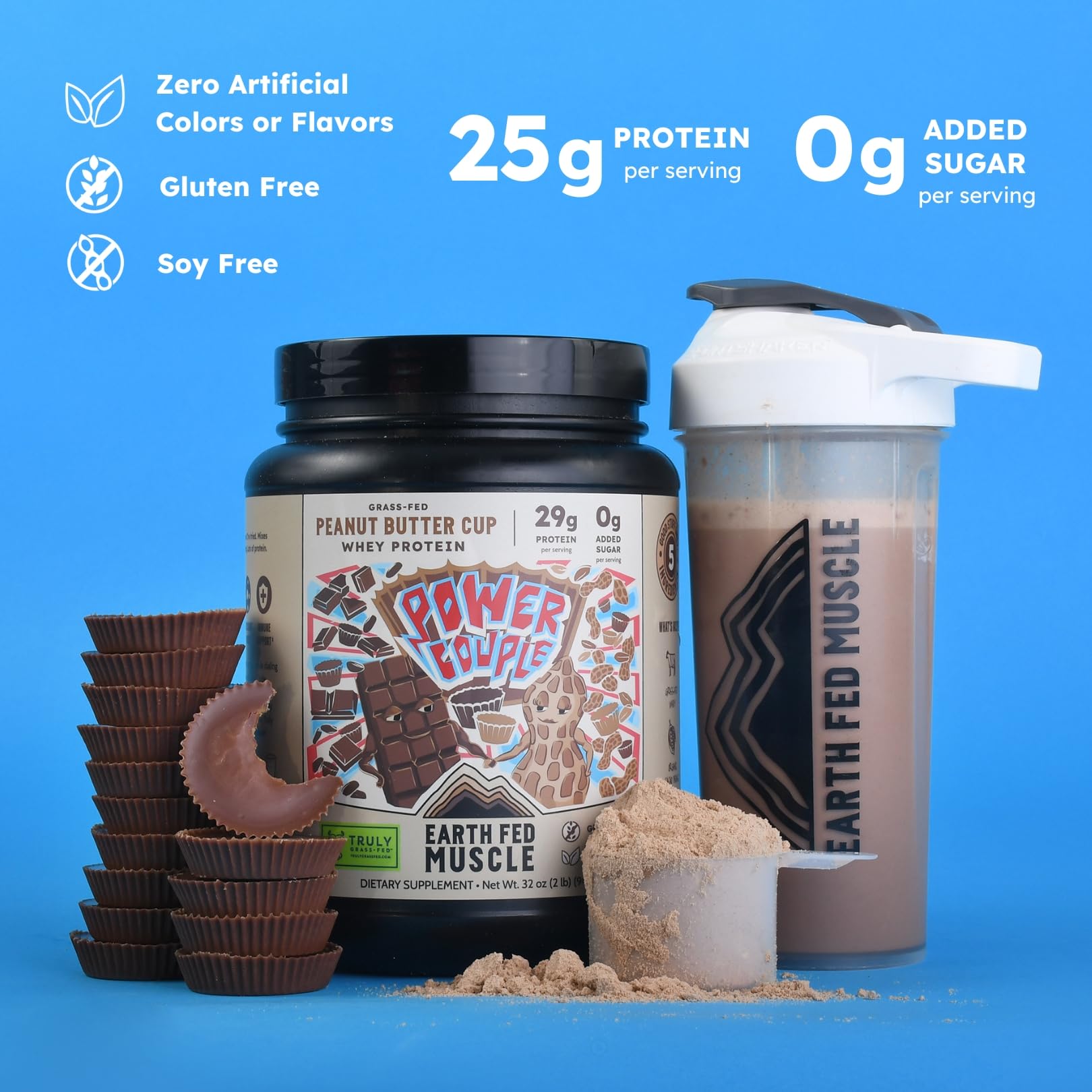 Earth Fed Muscle peanut butter chocolate protein mix with organic ingredients close-up