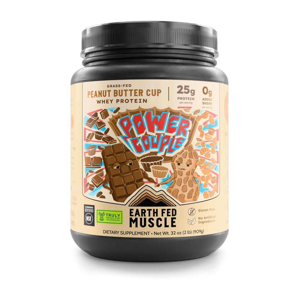 Earth Fed Muscle Power Couple peanut butter chocolate powder scoop for a protein boost