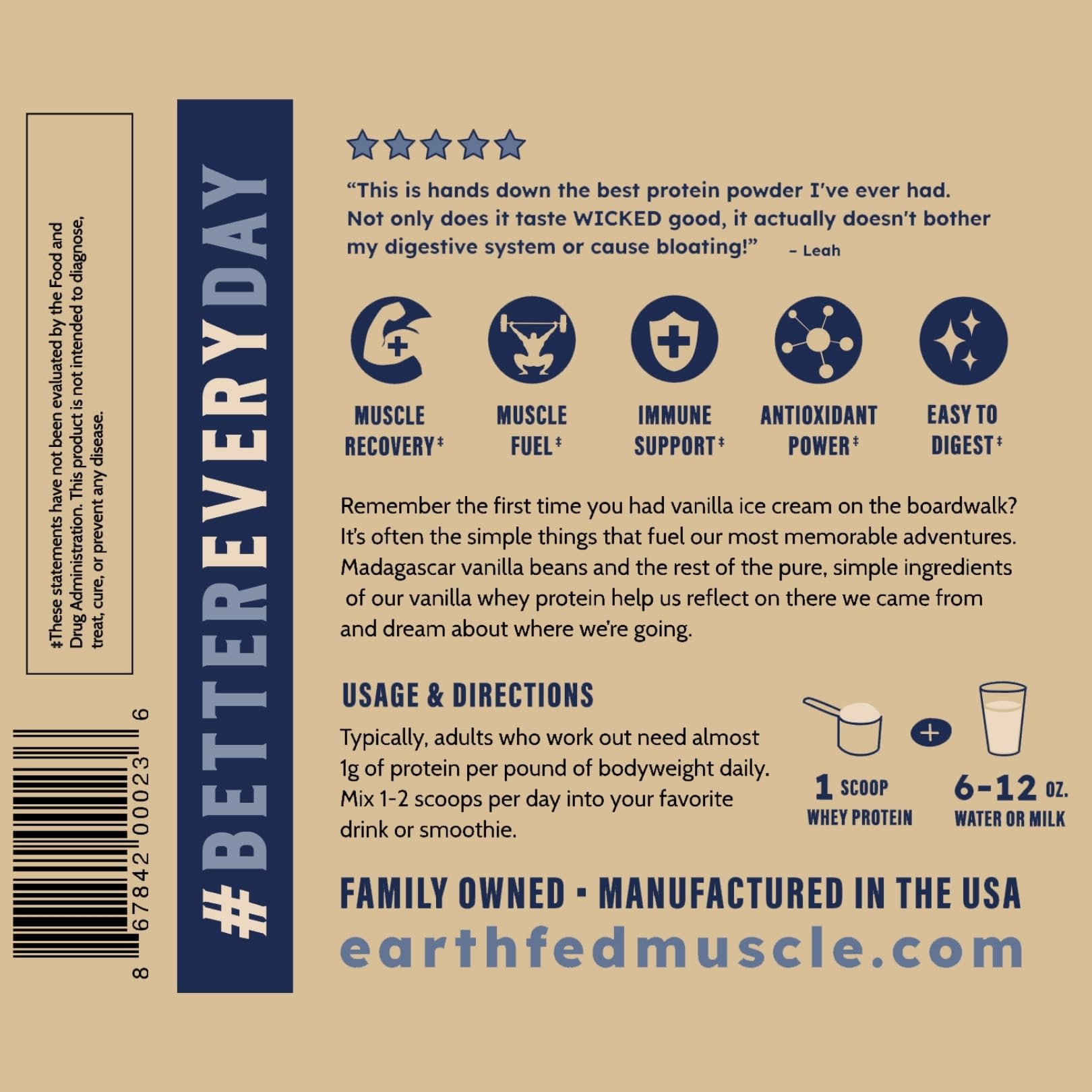 Gluten-free and soy-free labeling on Earth Fed Muscle Whey Back package