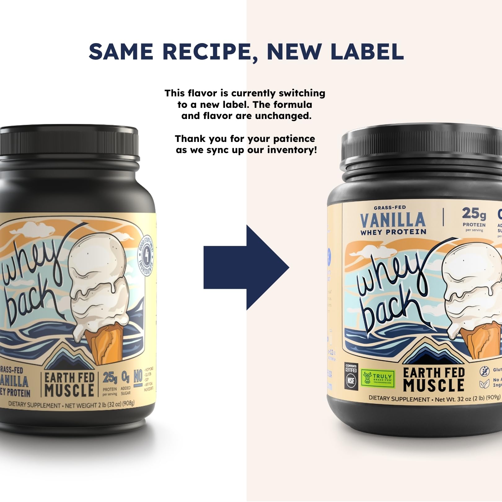 Clean-label close-up of Earth Fed Muscle Whey Back ingredients and packaging