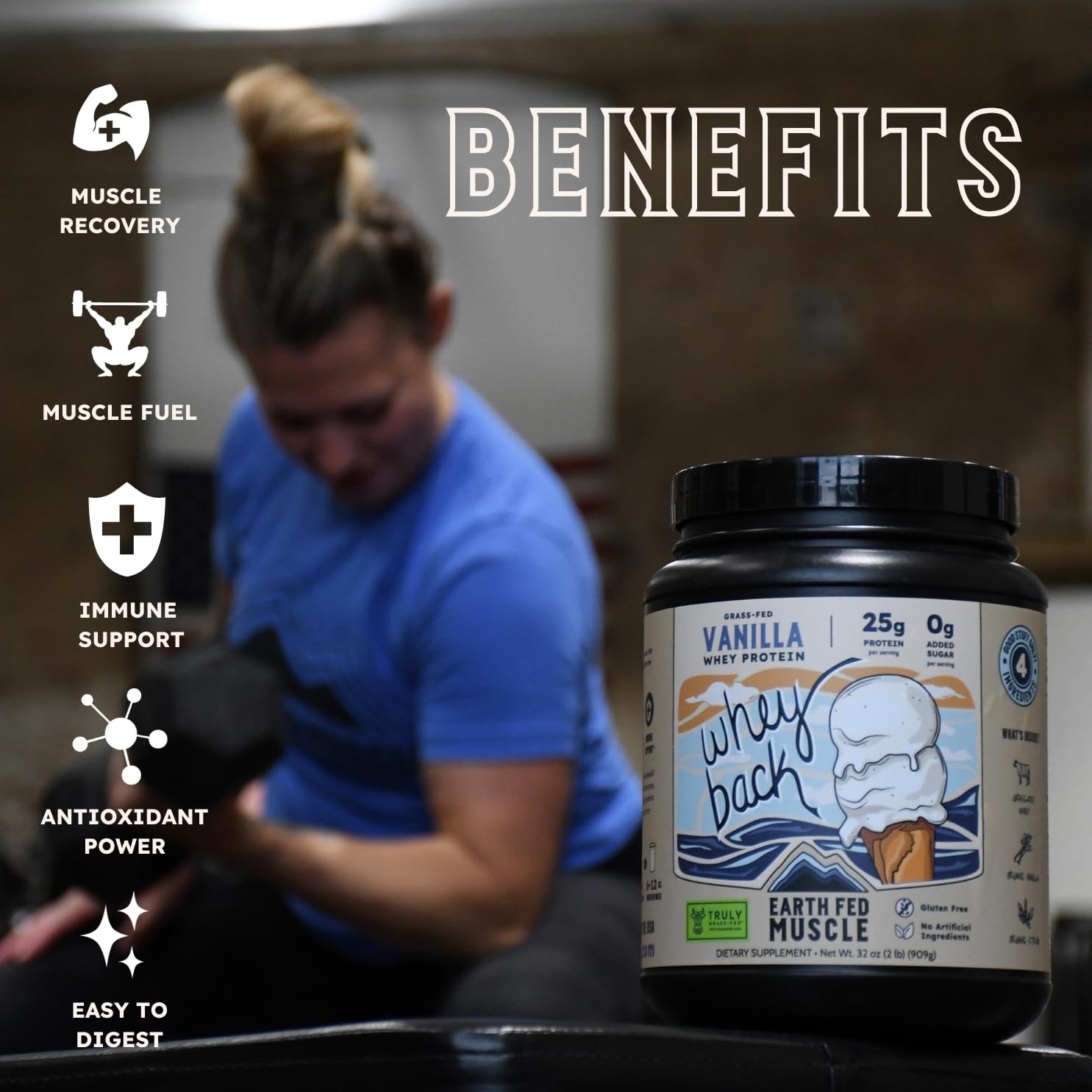 NSF-certified emblem on Earth Fed Muscle Whey Back vanilla tub