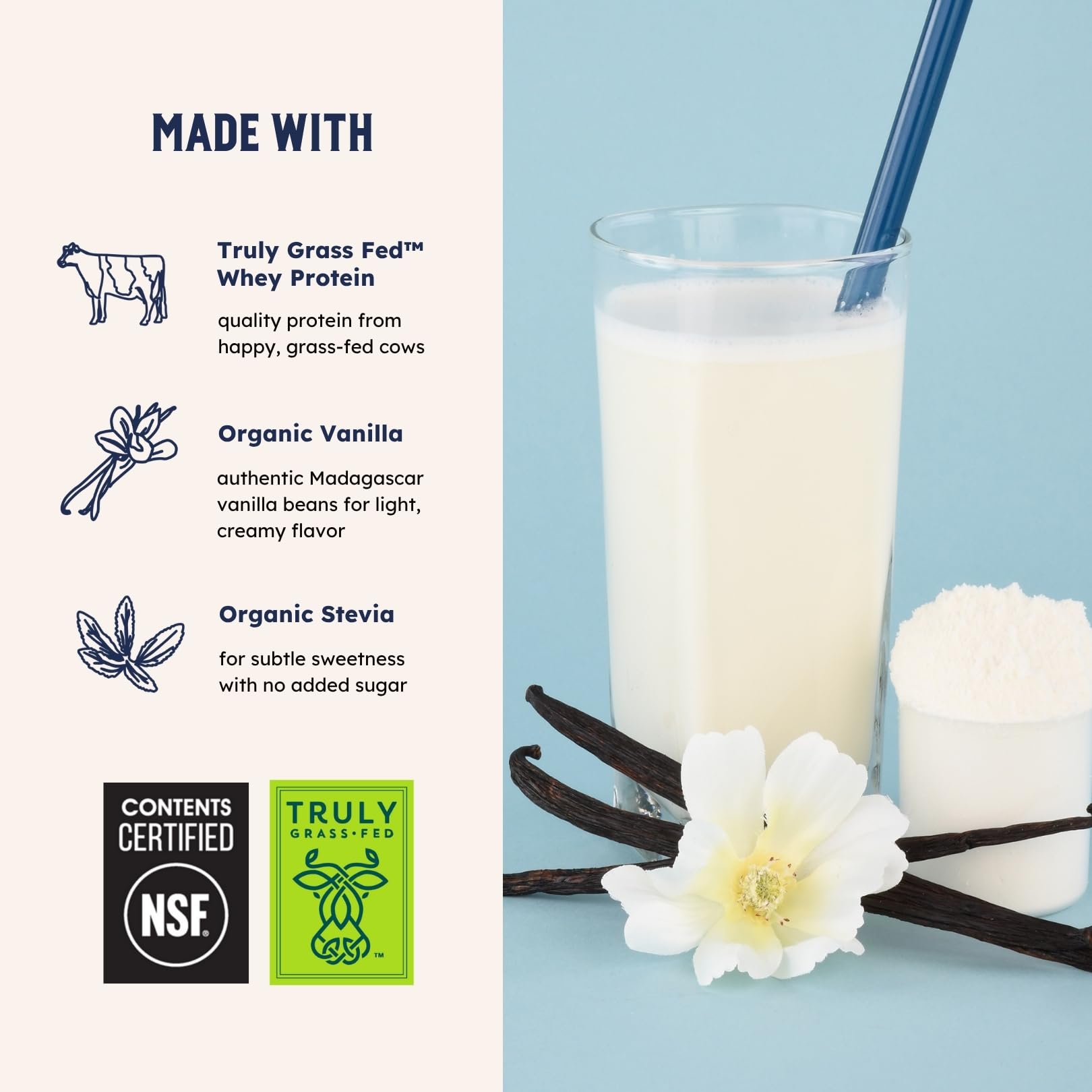 Glass of vanilla shake made with Earth Fed Muscle Whey Back for post-workout recovery