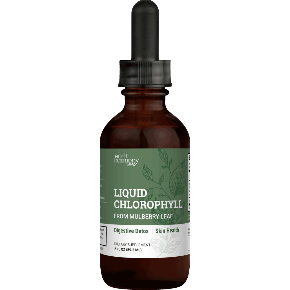 Earth Harmony Naturals Liquid Chlorophyll bottle showing a bright green formula for daily detox support